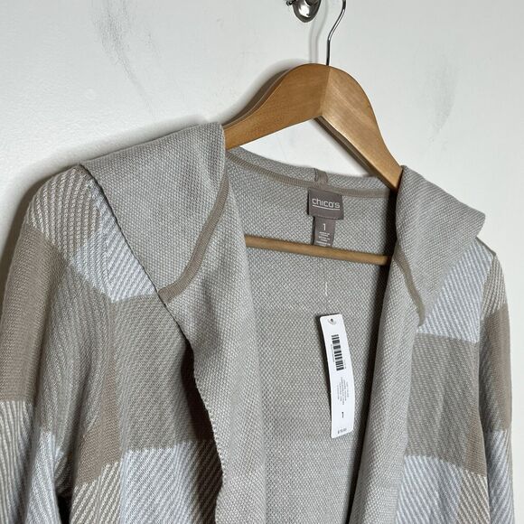 Chicos Sidone Hoodie Open Cardigan Sweater Tan Large Check Womens M 1 - Picture 2 of 7